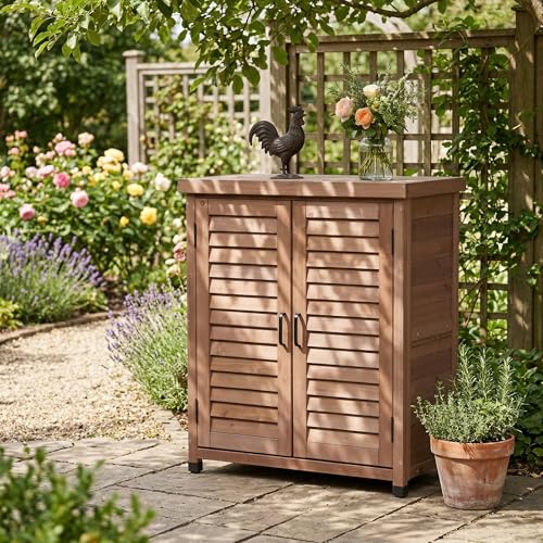 Wood Outdoor Potting Bench Storage Cabinet, Waterproof Metal Top - color: Brown