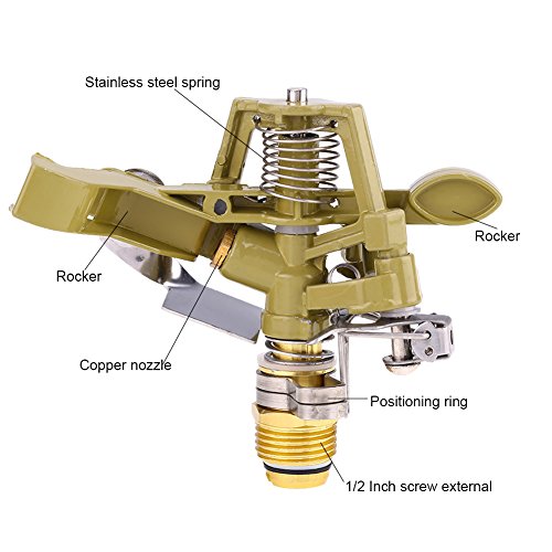 Impact Sprinkler Head, 1/2 Inch Impulse Sprinkler Heavy Duty Water Sprinkler Head Lawn Watering Sprinkler Sprayer Zinc Alloy Adjustable 360° Large Area Coverage Pattern for Patio Garden 10~18 Distance