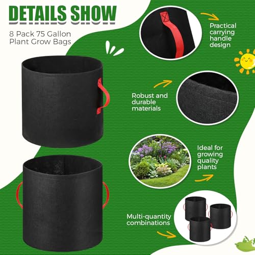 Nuenen 8 Pack 75 Gallon Plant Grow Bags Bulk Breathable Nonwoven Fabric Pot with Handles Heavy Duty Nursery Vegetable Pots with Gloves for Garden Vegetables Potato Plants Flower Growing Planting