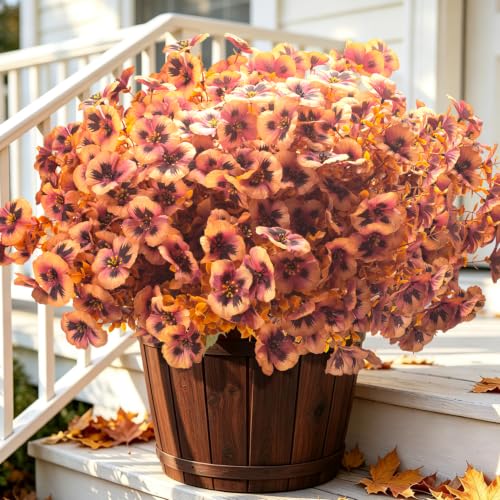 Artificial Pansy Faux Flowers, 16 Pack UV Resistant Outdoor Fall Decor - color: Browny Yellow
