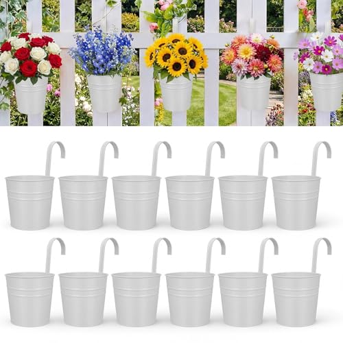 HowRU Hanging Flower Pots, Railing Planter Box for Outdoor Plants 12 Pack 5 Inch Metal Hanging Planters with Detachable Hooks Balcony Window Fence Garden Decoration Flower Boxes, White - color: White(5in)
