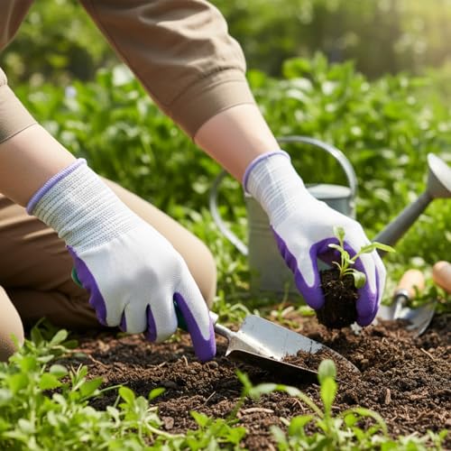 Thinp 2 Pairs Gardening Gloves, Outdoor Work Garden Gloves Breathable Rubber Coated Outdoor Protective Yard Glove with Grip for Women Men Garden Essentials (Green, Purple)