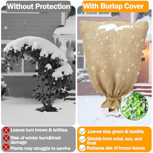 3-Pack Burlap Fabric Plant Bags - 24 X 40 Inch Winter Plant Cover Freeze Protection, Reusable Burlap Sacks Plant Frost Cloth for Outdoor Plants, Cold Weather Tree Wrap for Trees, Bushes & Garden