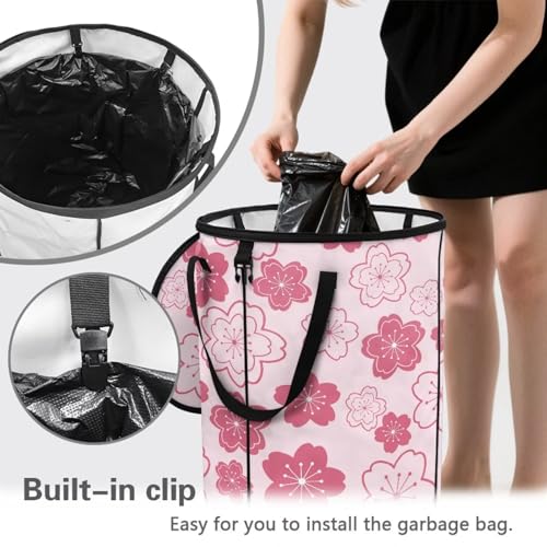 BIGCARJOB Cherry Blossoms Print Portable Trash Can Large Folding Big Trash Can with Lid Storage Bag Pop Up Trash Cans for Parties, 22.83x17.71 in - color: Cherry Blossoms Print