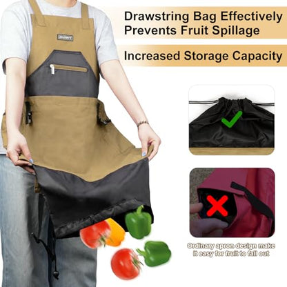 Garden Apron,Harvest Aprons with Drawstring Bag and Pockets for Women and Men,Canvas Fruit Picking Apron - color: Brown