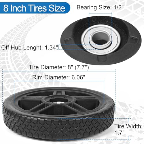 8 Inch Lawn Mower Wheels Kits Universal 8" Push Mower Wheels with 1/2" Bearing, Bolts & Nuts, Plastic Replacement Tires for Most Standard Garden Tiller, Pressure Washer, Handtruck, 4 Pack - color: Black-4Pack, size: 8 inch