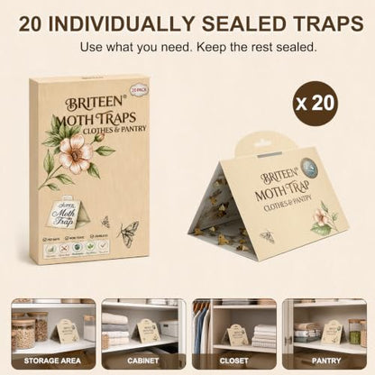 Pantry Moth Traps 20-Pack Indoor Moth Traps with Pheromones Sticky Adhesive Tool for Wool Closet Carpet Food and Cupboard