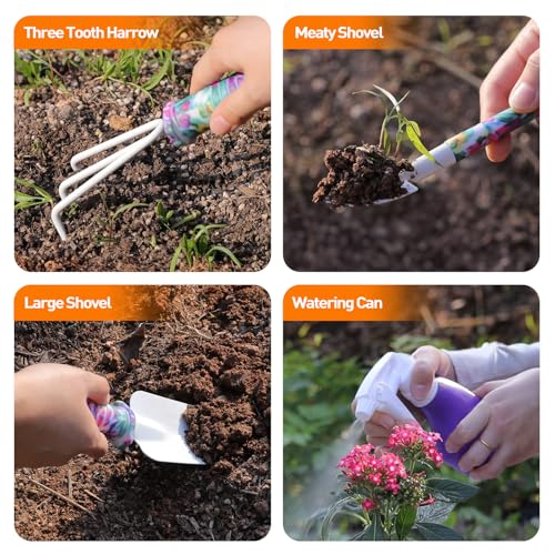 APSARAS USA Gardening Tools, 10 Pieces Gardening Tool Set with Purple Floral Print,Ergonomic Handle Trowel Rake Weeder Pruner Shears Sprayer with Carrying Case Garden Tool Set Gifts for Women - style: Purple Floral with Case