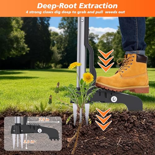 Stand Up Weed Puller Tool - 4-Claw Steel Head Hand Weeding Tool - 40" Retractable Handle with Easy-Eject Mechanism for Dandelions, Clover, No Bending or Kneeling