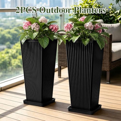 24" Tapered Tall Planters for Outdoor Plants with Tray&Shelf, Black - color: Black2-smooth