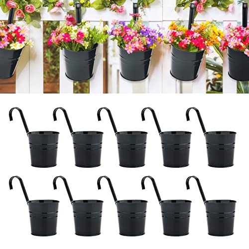 KINGLAKE Flower Pots,10 Pcs Metal Iron Hanging Flower Plant Pot Balcony Garden Plant Planter Baskets Fence Bucket Pots 6.3'' Flower Holders with Detachable Hook Black - color: Black, size: 6.3 Inch
