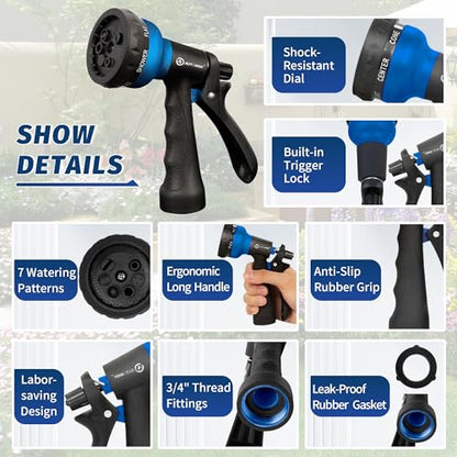 AUTOMAN-Garden-Hose-Nozzle, 2 Pack ABS Water Spray Nozzle with Heavy Duty 7 Adjustable Watering Patterns,Slip Resistant for Watering Plants,Lawn& Garden,Washing Cars,Cleaning,Showering Pets - Blue - color: Blue