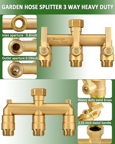3 Way Hose Splitter Heavy Duty, Solid Brass Full Flow Outdoor Faucet and Garden Hose Splitters, Water Spigot Splitter T Adapter, All Metal Water Connector with Shut-Off Valve, 3/4 - Inch GHT Thread - style: Brass 3 way
