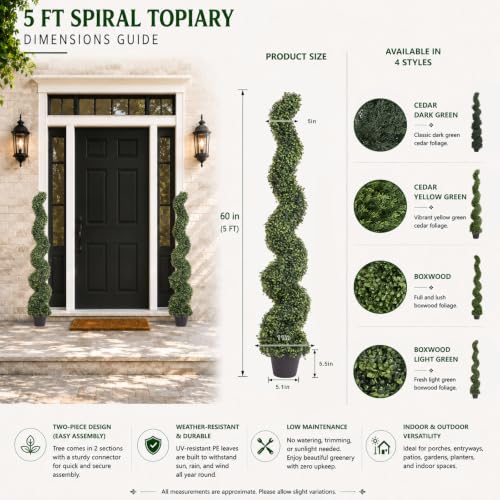 THE BLOOM TIMES 5ft Tall Spiral Topiary Trees Artificial Outdoor Set of 2 - color: Boxwood Light Green, size: 5ft