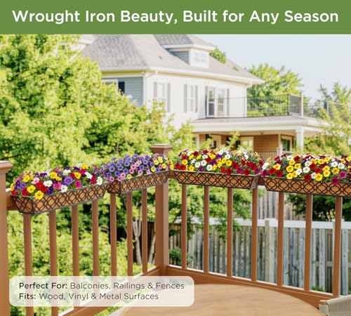 HFHOME 4 Pcs 30" Window Box Deck Railing Planter Box with Horse Trough Coco Liners, Black Metal Hanging Flower Planters Baskets for Indoor, Outdoor, Balcony, Porch, Fence, Patio, and Lawn - size: 30 Inch 4-Pack Flower-Pattern