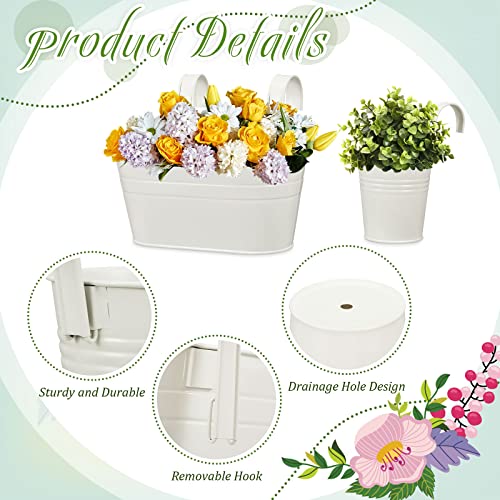 Tessco 4 Pcs 5.3"x10.8" Metal Iron Hanging Flower Pots and 4 Pcs 3.9" Balcony Bucket Planter for Railing Fence White Window Plant Holder Indoor Outdoor Garden Home Decoration with Detachable Hooks