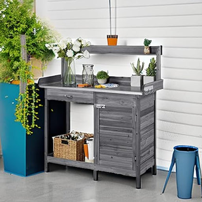 Topeakmart Outdoor Potting Bench with Storage Potting Table,Gray - color: Gray