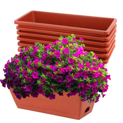 7 Pack Window Box Planter, 17 Inches Plastic Flower Vegetable Planters Boxes with Drainage Holes and Trays Rectangular Flower Pots for Indoor Outdoor Garden, Patio, Home Decor (7, Brick RED)