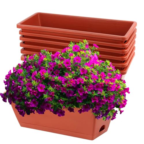 7 Pack Window Box Planter, 17 Inches Plastic Flower Vegetable Planters Boxes with Drainage Holes and Trays Rectangular Flower Pots for Indoor Outdoor Garden, Patio, Home Decor (7, Brick RED)