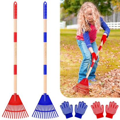 2 Pcs 35'' Kids Rakes for Leaves - Plastic Rake Head with 2 Pairs Kids - color: Red & Blue-2 Pack