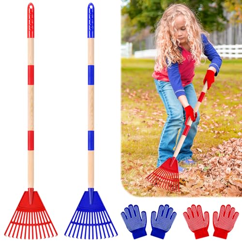 2 Pcs 35'' Kids Rakes for Leaves - Plastic Rake Head with 2 Pairs Kids - color: Red & Blue-2 Pack