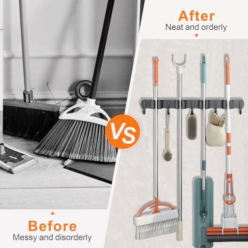 CUXIXA Mop and Broom Holder Wall Mount for Kitchen Laundry Room Decor - color: Black, size: 4 Racks with 5 Hooks