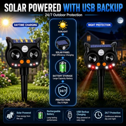 New Solar Animal Repellent Ultrasonic Outdoor for Deer Cat Skunk Squirrel Racoon Fortress Pro Animal Repeller Deterrent Devices with LED Strobe,Motion Sensor,Adjustable Volume and Modes for Yard,4 Pcs