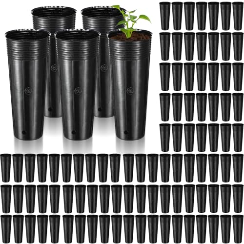 100 Pack Tall Tree Pot 11.8'' x 4.7'', Black Plastic Deep Nursery Pots, Soft Deep Seedling Pots for Seed Starting, Plant Starter Cups with Drainage Holes for Flowers, Cutting & Transplanting - size: 11.8'' X 4.7''
