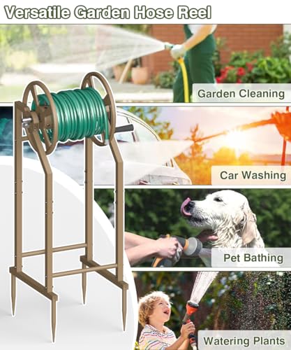 4-Spike Garden Hose Reel with 3.9ft Leader Hose & Stainless Fitting, Outdoor Hose Holder holds 125ft Hose of 5/8", Freestanding Metal Hose Stand for Outside Yard Lawn, Brown - color: Brown