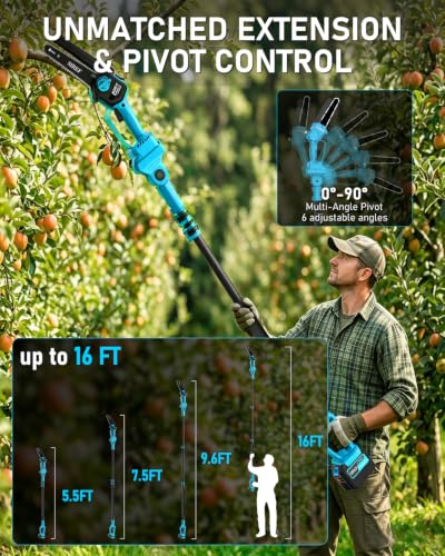 Electric Pole Saw 6inch Mini Chainsaw Cordless Brushless 4.0Ah Batteries Fast Charger Telescopic Power Pole Saw Tree Trimmer Limb Branch Cutter Pruner 16 Ft Max Reach Multi-Angle Blue - color: Blue-1 Battery