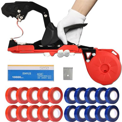 Plant Tying Machine, Lightweight Plant Tying Tape Tool to Tie Up Vine Quickly, Plant Tie Tapener Gun with Tapes and Staples, Red - style: Red
