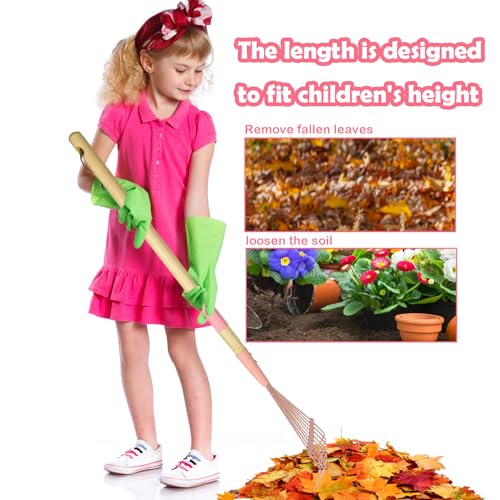 Kids Leaf Rake-Small Wooden Handle Leaf Rake with Metal Tines, 27inches /69cm Length, for Kids Enjoy Garden Cleaning Activities (Pink) - color: Pink