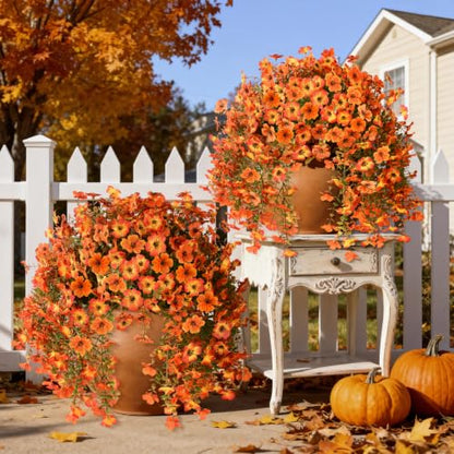 INQCMY Artificial Fall Flowers for Outdoors Faux Mums UV Resistant - color: Red Orange