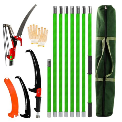 27ft Manual Pole Saw, Extendable Pole Tree Pruner with Sharp Blade and Scissors, Lightweight 8 Fiberglass Handle Pole, High Branch Trimming Tool for Garden Palm Shrub Fruit Tree Pruning - size: 27FT