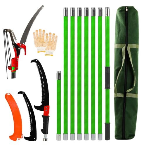 27ft Manual Pole Saw, Extendable Pole Tree Pruner with Sharp Blade and Scissors, Lightweight 8 Fiberglass Handle Pole, High Branch Trimming Tool for Garden Palm Shrub Fruit Tree Pruning - size: 27FT