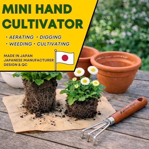 Mini Hand Cultivator Garden Tool 3 Claws - Heavy Duty Japanese Steel with Wood Handle - Small Rake Tiller for Aerating Soil, Digging, and Weeding - Made in Japan - color: Brown Cultivator (Mini)