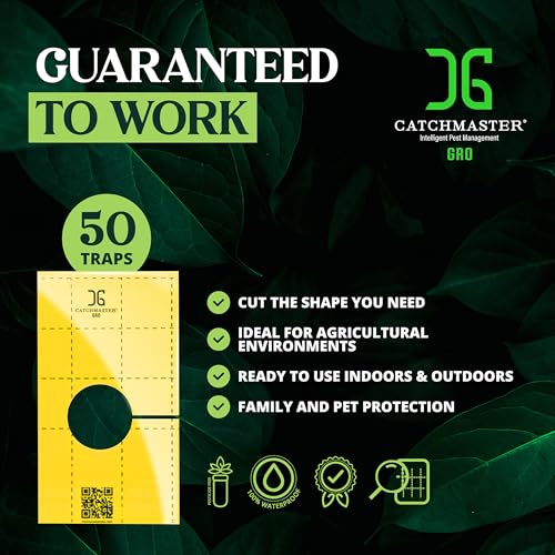 Catchmaster GRO Yellow Pre-Cut Ready to Use Sticky Traps 50PK, Bug & Fly Trap with Center Hole for Crawling Insects, Pest Control for Home, Garden & Greenhouse, Protect Live Plants Indoor & Outdoor
