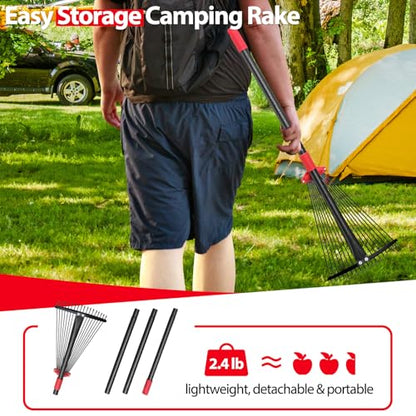 Rake, Adjustable Rakes for Leaves with 9”-17” Head, Rakes for Lawns Heavy Duty, 60 in Garden Rake with 18 Clog-Free Tines, Long Handle, Metal Gardening Tool, Fast Cleanup, Easy Carry for Camping - style: 5 FT
