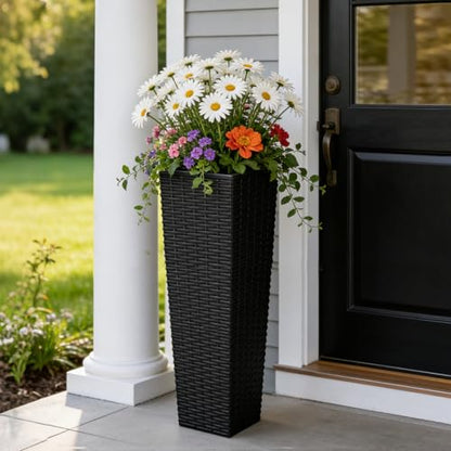 Festnight 32in Large Planters for Outdoor Plants, Outside Tall Black Planters Set of 2, Resin Front Porch Planters, Outdoor Planters for Porch Backyard Patio, Garden Flower Pots, 11.69x11.69x32.28in - size: 11.69x11.69x32.28in