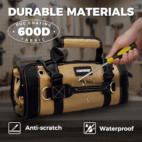 Roll Up Tool Bag, PVC Coated Tool Organizer with 4 Pockets & 2 Pouches - color: Khaki-RollUp