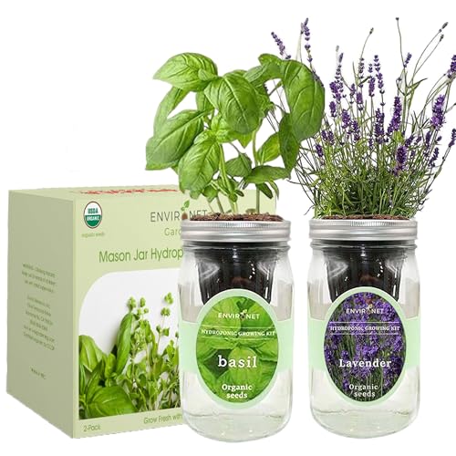 2-Pack Hydroponic Mason Jar Herb Garden Kit, Indoor Herb Garden Self-Watering Starter Kit (Basil,Lavender)