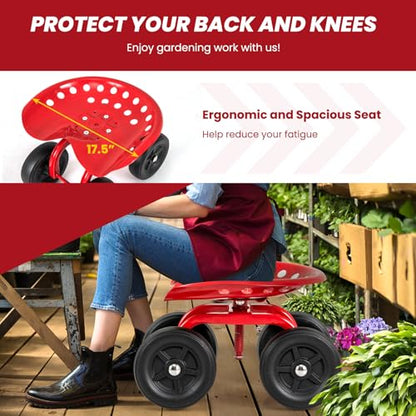 LDAILY Garden Seat with Wheels 11"-16" Adjustable Height for Lawn Planting - color: Red