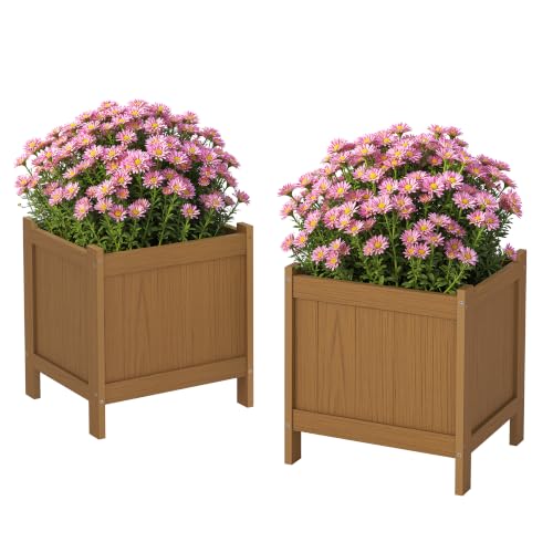 LUE BONA Outdoor Plant Pots Set of 2, 13.8" x 12.6" x 14.6" HDPS Flower Pots with Drainage Holes, Outdoor Planter Box for Outdoor Plants - Porch Patio, Garden or Entryway,Teak Color-Oil Printed - color: Teak Color-oil Printed