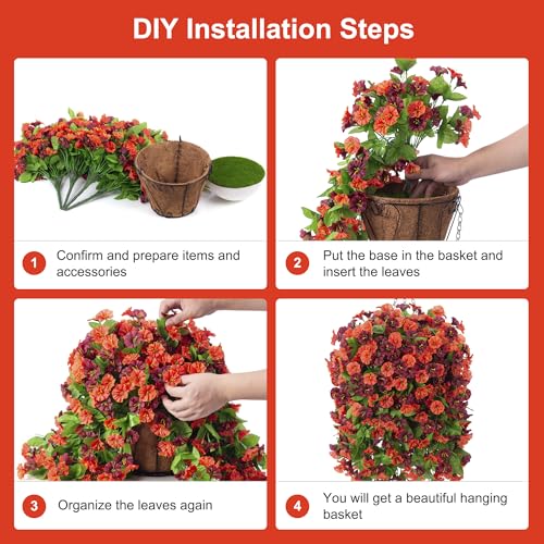 Fake Fall Artificial Outdoor Flowers Plant with Hanging Basket UV Resistant - color: Orange Brown