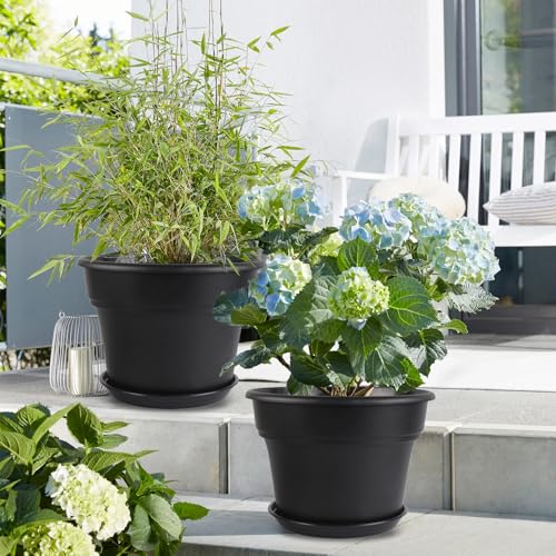 Myfeegoin 13-inch-Plant-Pots, 4 Pack Large Planters for Outdoor Plants, Plastic Flower Pots Indoor with Drainage Holes & Trays, Classic Garden Pot Container for House - color: Black, size: 13inch