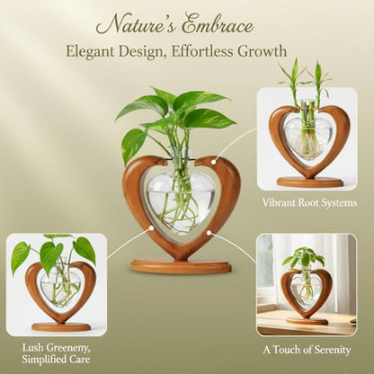 Plant Propagation Station, Heart Glass Vase, Solid Wooden Stand - color: 1 Pack