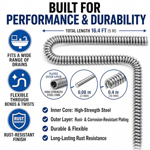 Drain Snake Clog Remover Kit, 16.4 FT Long Flexible Drain Snake Auger with Auto Feed & Drill Attachment, 79 Inch Grabber Claw, Hair Removal Tools for Kitchen Sink, Shower and Bathtub