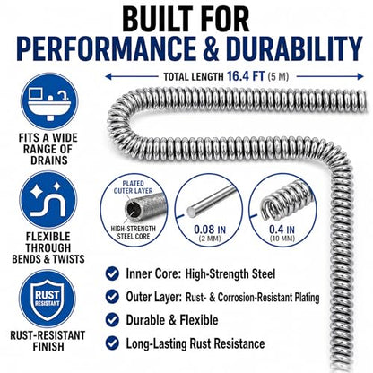 Drain Snake Clog Remover Kit, 16.4 FT Long Flexible Drain Snake Auger with Auto Feed & Drill Attachment, 79 Inch Grabber Claw, Hair Removal Tools for Kitchen Sink, Shower and Bathtub