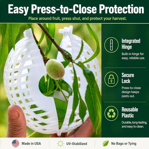 Fruit Protection Cages for Peaches and More | 2026 Improved Secure-Lock Design | Small 4x5 Inch | 24 Pack | Squirrel Resistant | Reusable Heavy-Duty Plastic | Made in USA - size: Small (4 x 5)