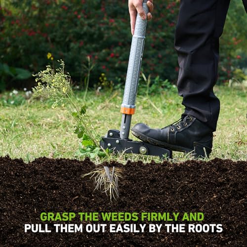 GASREKV Weed Puller Tool, 4-Claw Steel Head Stand Up Weeder, 39"-46" Adjustable Handle & Easy Eject, Root Weed Remover for Dandelion, Thistle & Crabgrass, No Bending - color: Orange